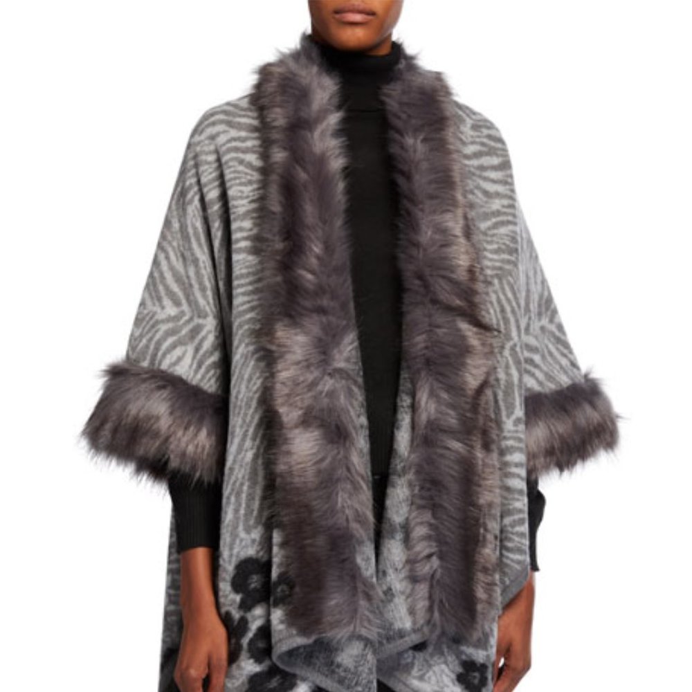 Printed Poncho w/ Faux Fur Trim-OS